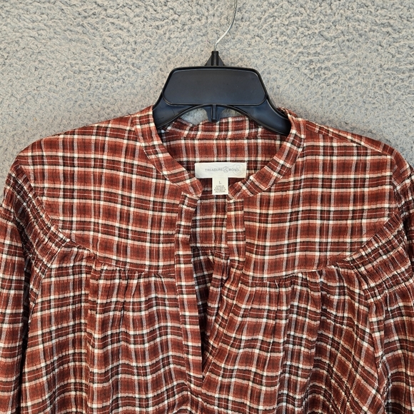 Tresure & Bond Womens Pull Over Top Sz L Rust Plaid Ballon Sleeves Relaxed Fit - Picture 3 of 11